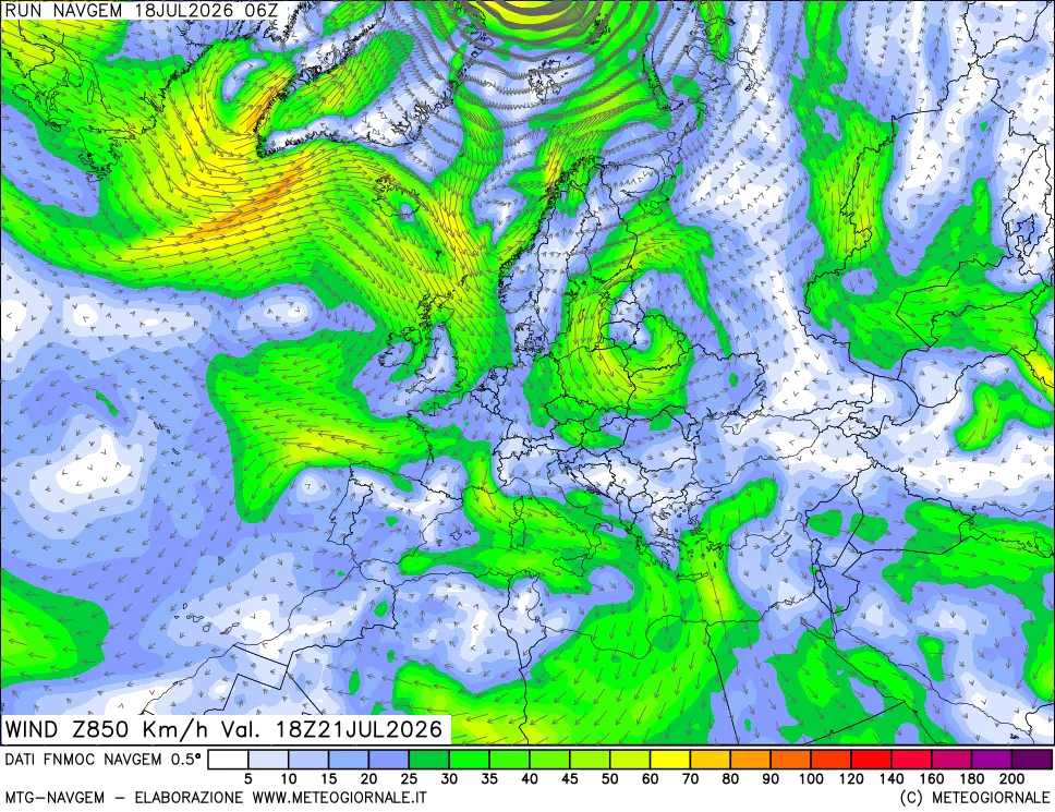 mappa Direzione e forza del vento a 850hPa