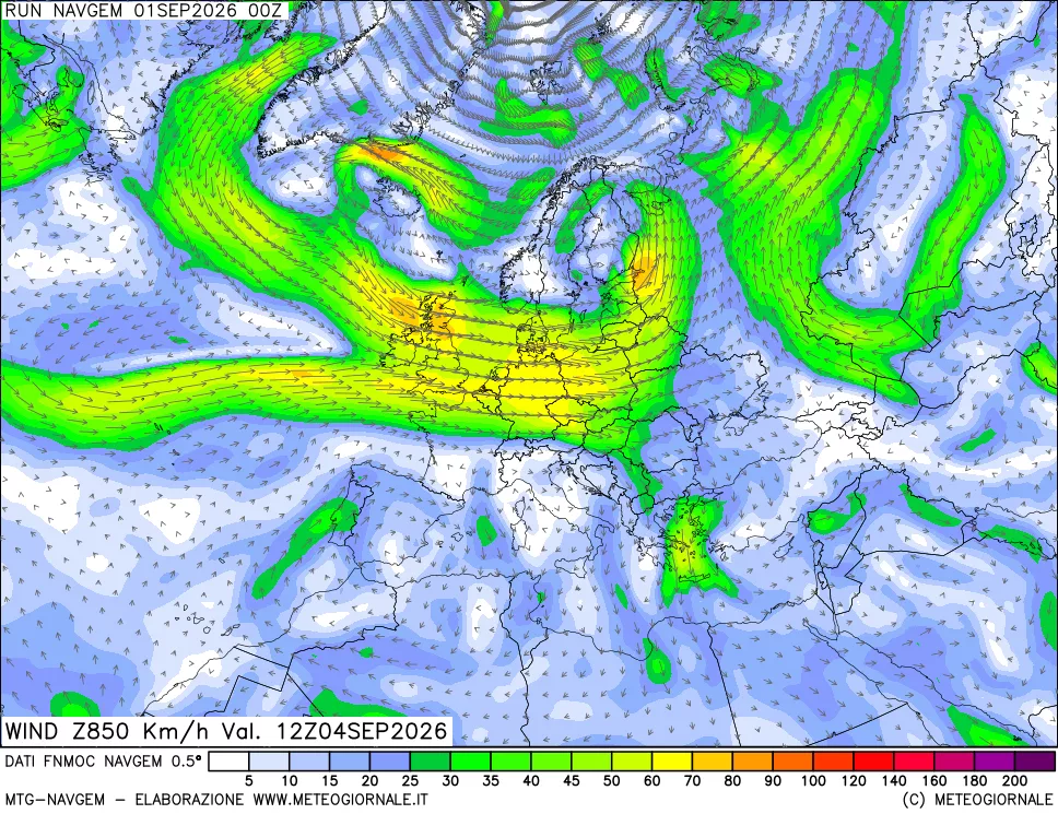 mappa Direzione e forza del vento a 850hPa