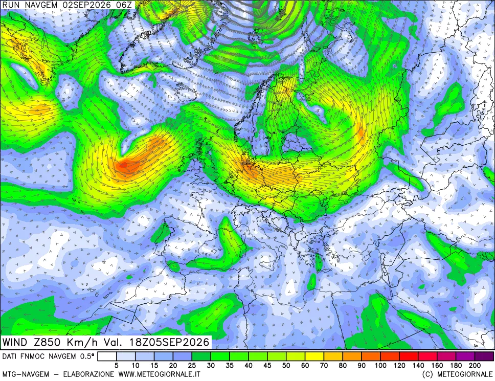 mappa Direzione e forza del vento a 850hPa