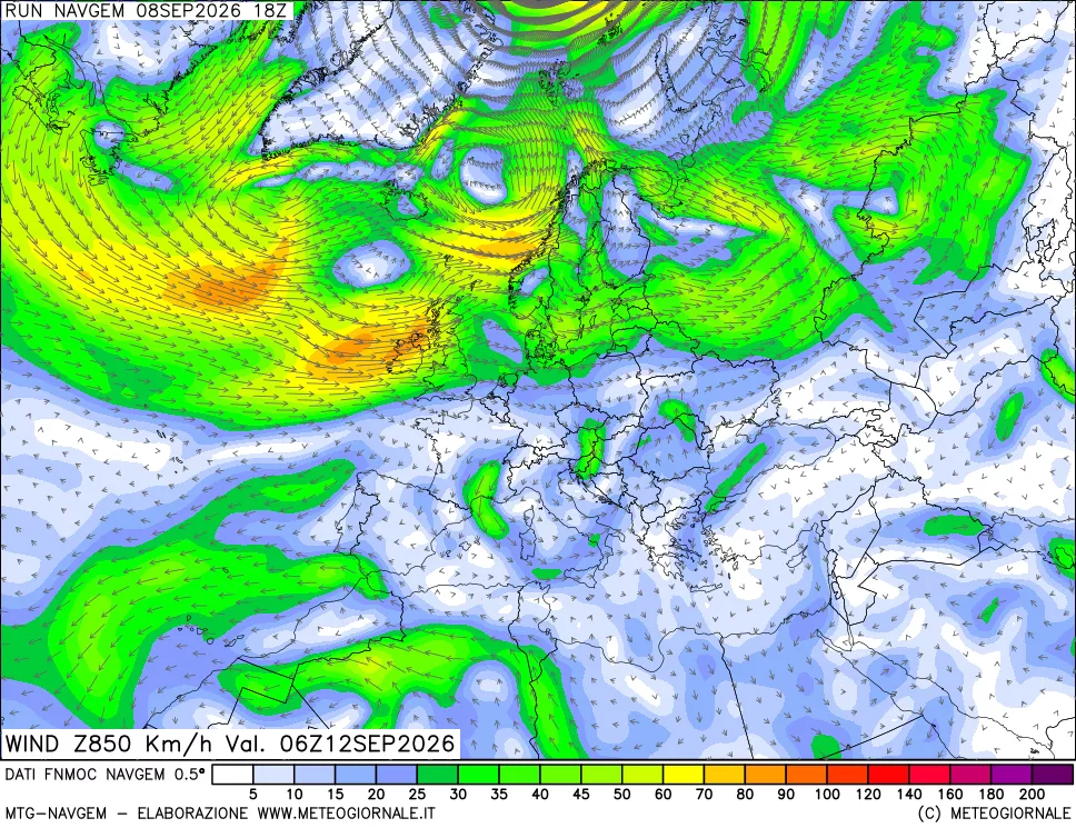 mappa Direzione e forza del vento a 850hPa