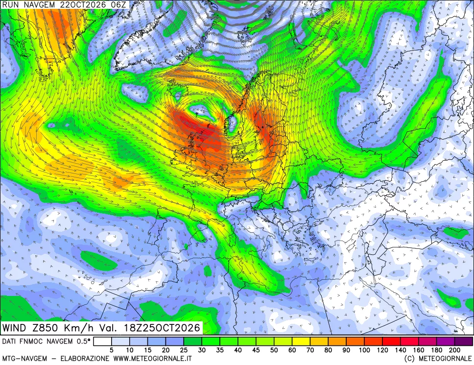 mappa Direzione e forza del vento a 850hPa