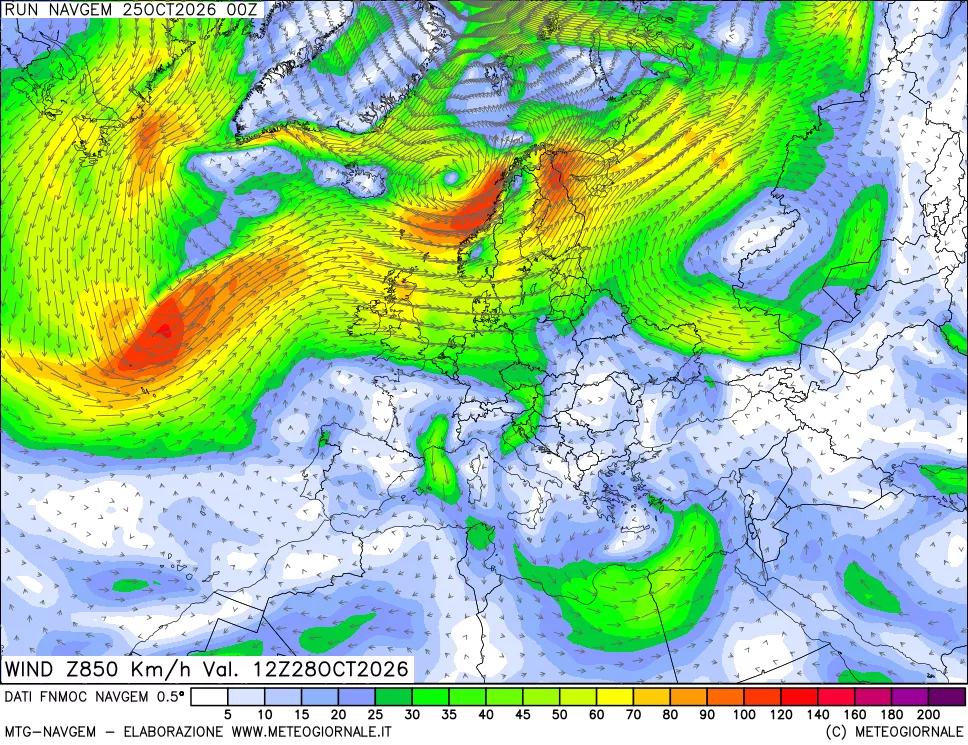 mappa Direzione e forza del vento a 850hPa