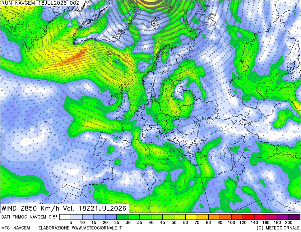 mappa Direzione e forza del vento a 850hPa
