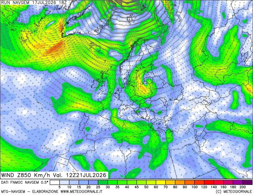 mappa Direzione e forza del vento a 850hPa
