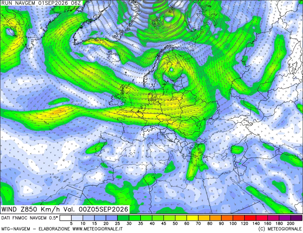 mappa Direzione e forza del vento a 850hPa