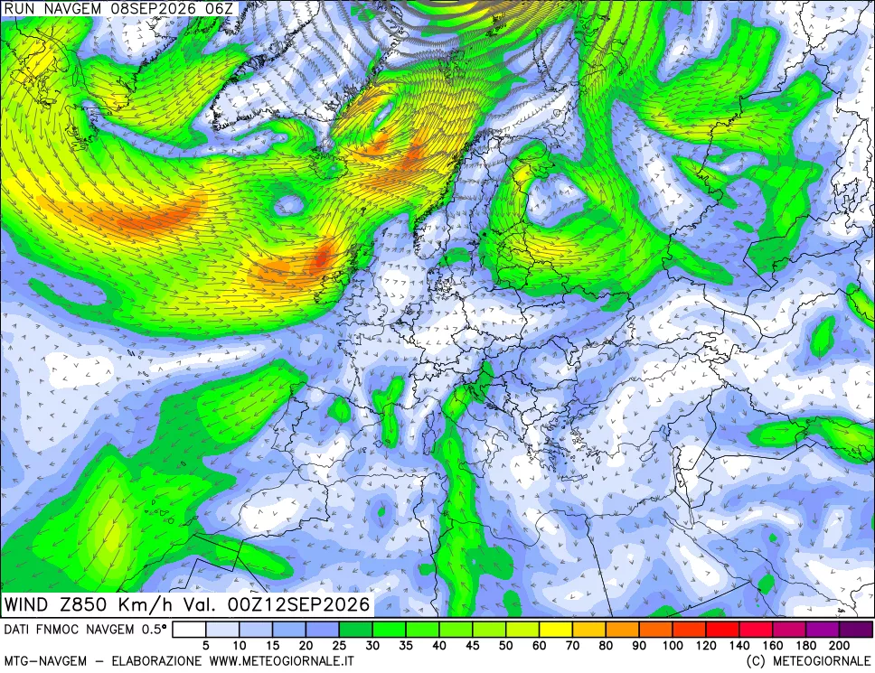 mappa Direzione e forza del vento a 850hPa