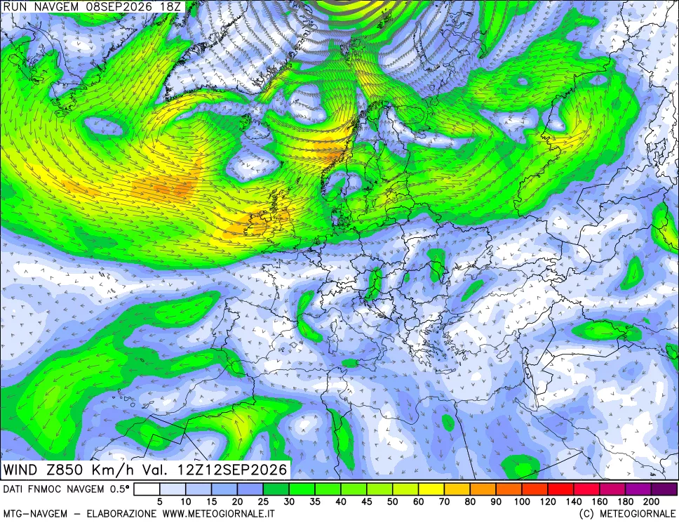 mappa Direzione e forza del vento a 850hPa