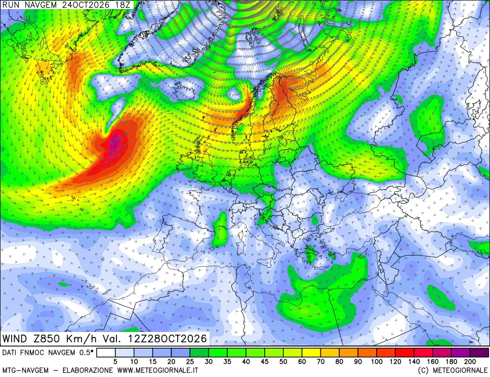 mappa Direzione e forza del vento a 850hPa