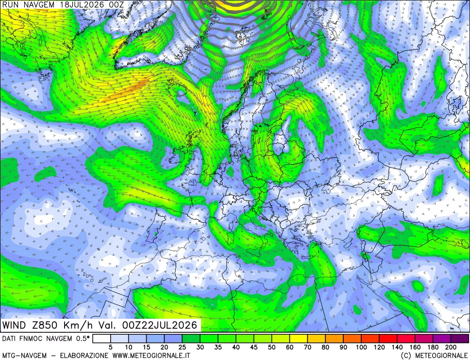 mappa Direzione e forza del vento a 850hPa