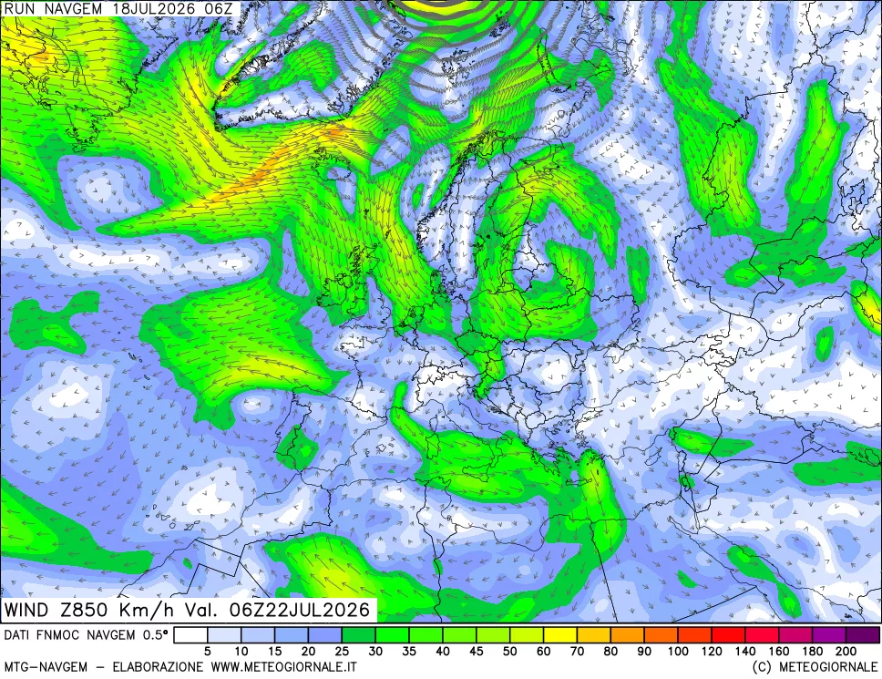 mappa Direzione e forza del vento a 850hPa