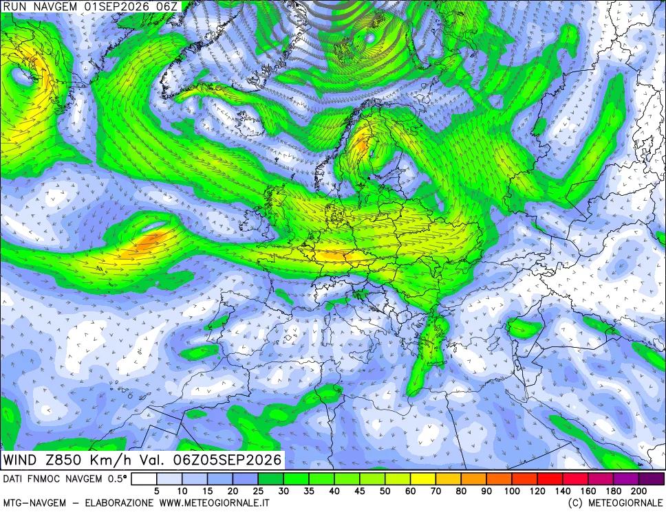 mappa Direzione e forza del vento a 850hPa