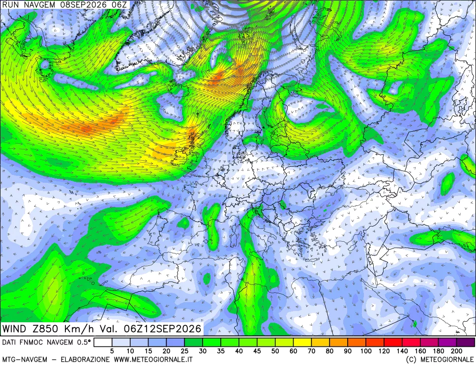 mappa Direzione e forza del vento a 850hPa