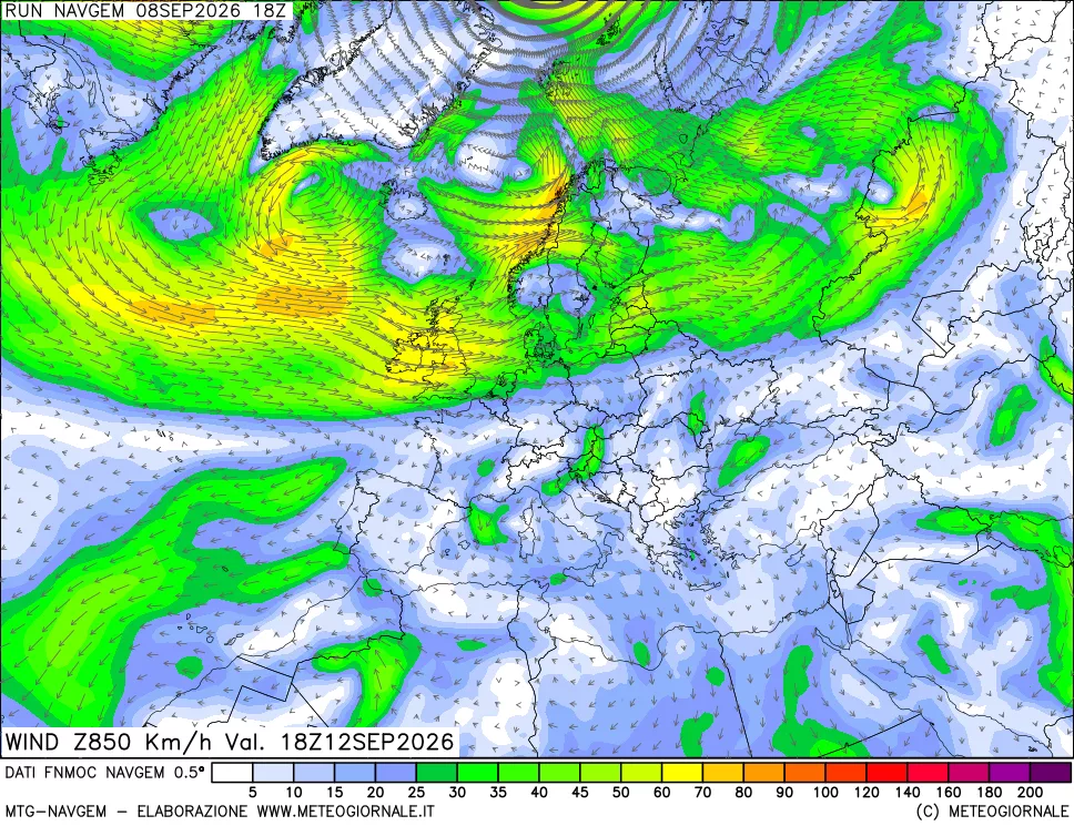 mappa Direzione e forza del vento a 850hPa