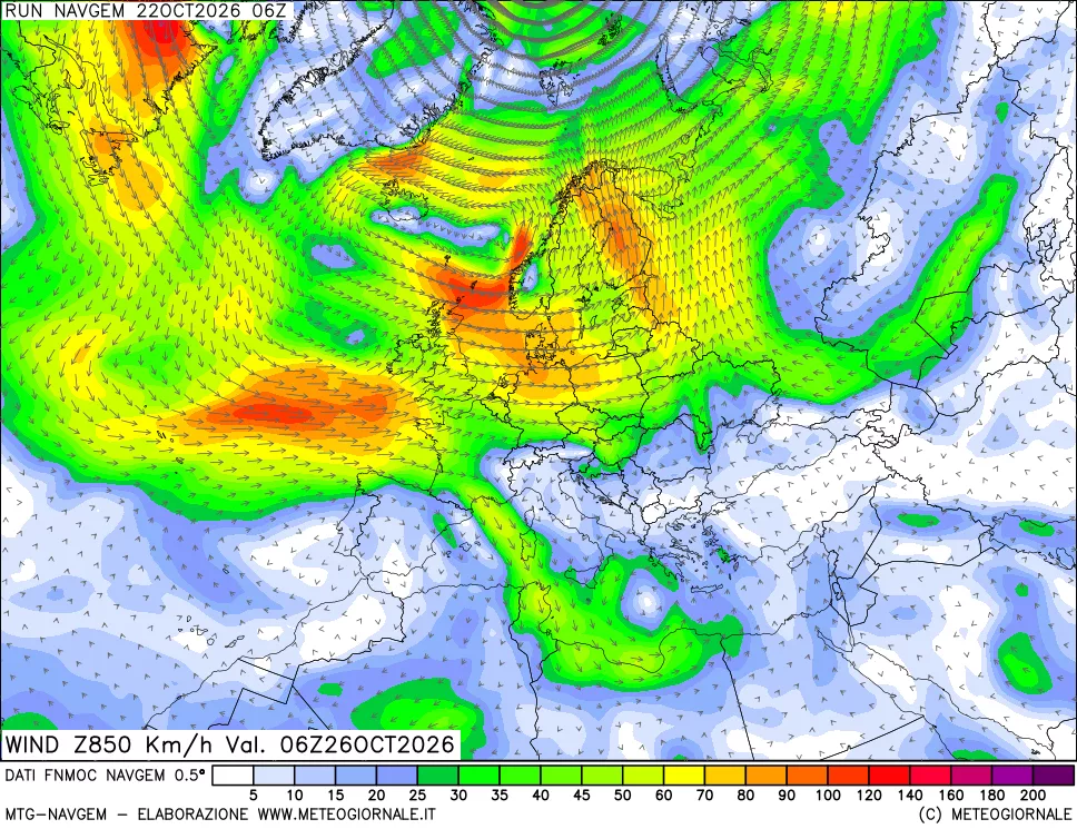 mappa Direzione e forza del vento a 850hPa
