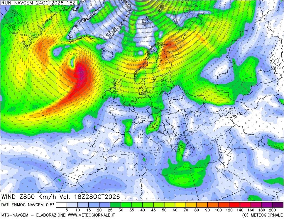 mappa Direzione e forza del vento a 850hPa