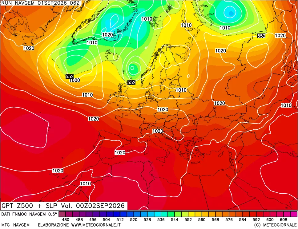 mappa Geopotenziali a 500 hPa + Pressione sul livello del mare