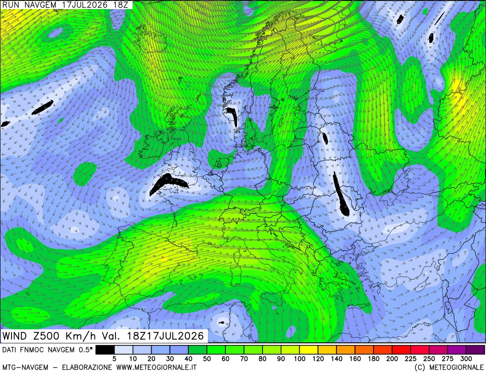 mappa Direzione e forza del vento a 500hPa