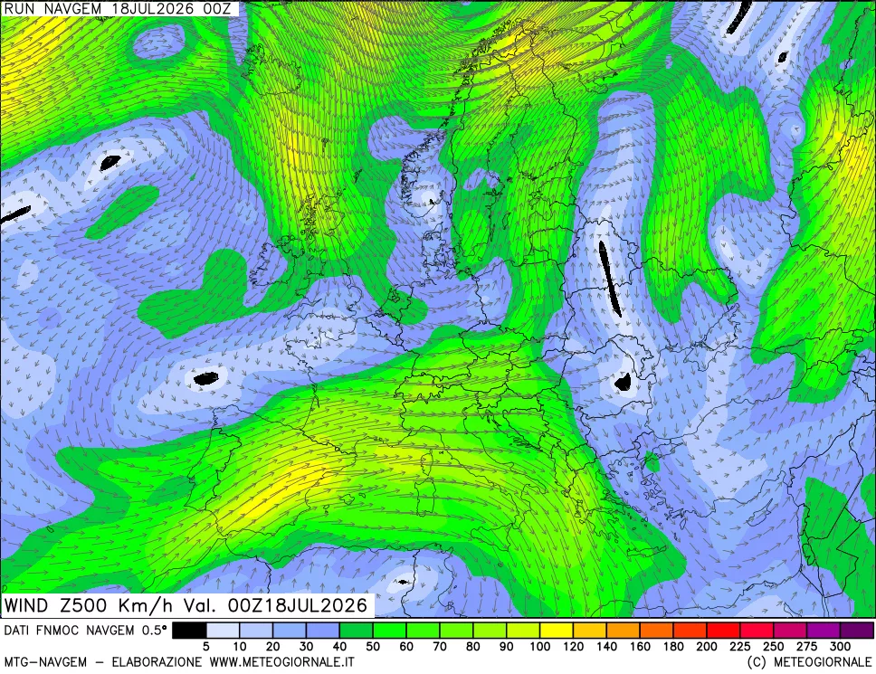 mappa Direzione e forza del vento a 500hPa