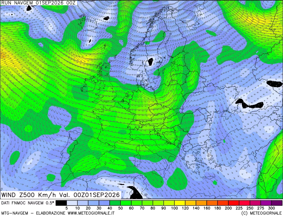 mappa Direzione e forza del vento a 500hPa