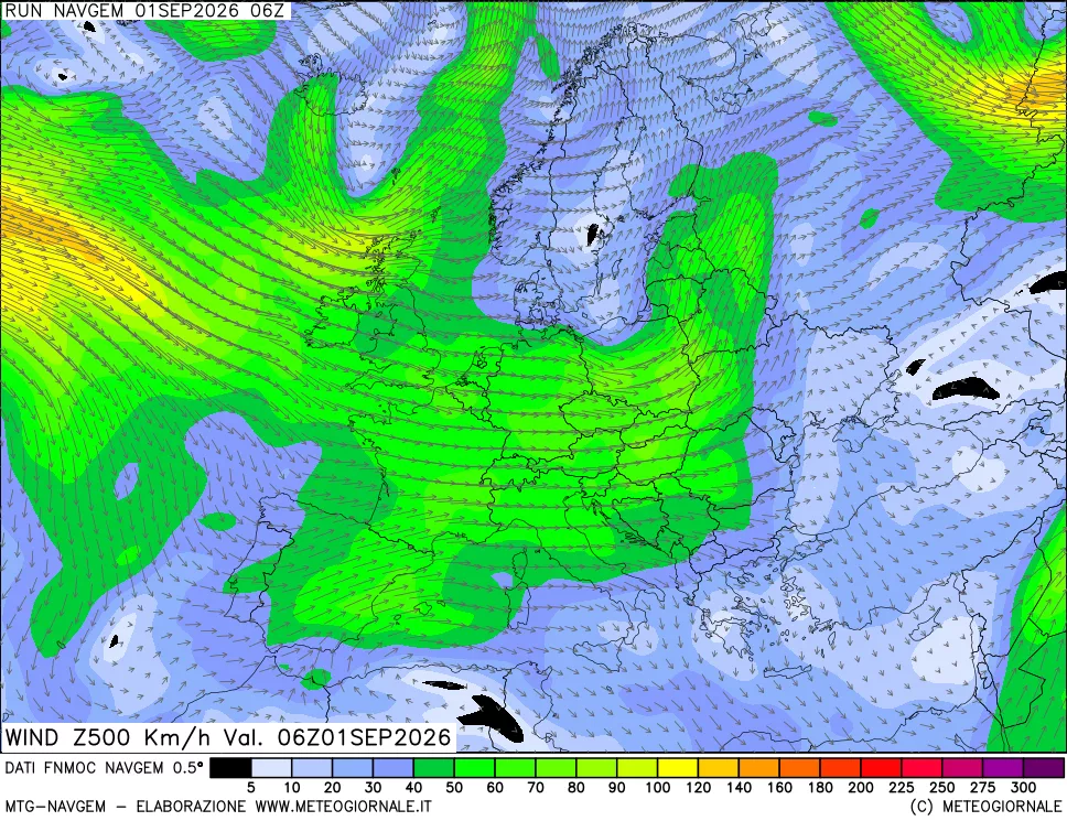 mappa Direzione e forza del vento a 500hPa