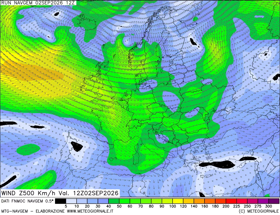 mappa Direzione e forza del vento a 500hPa
