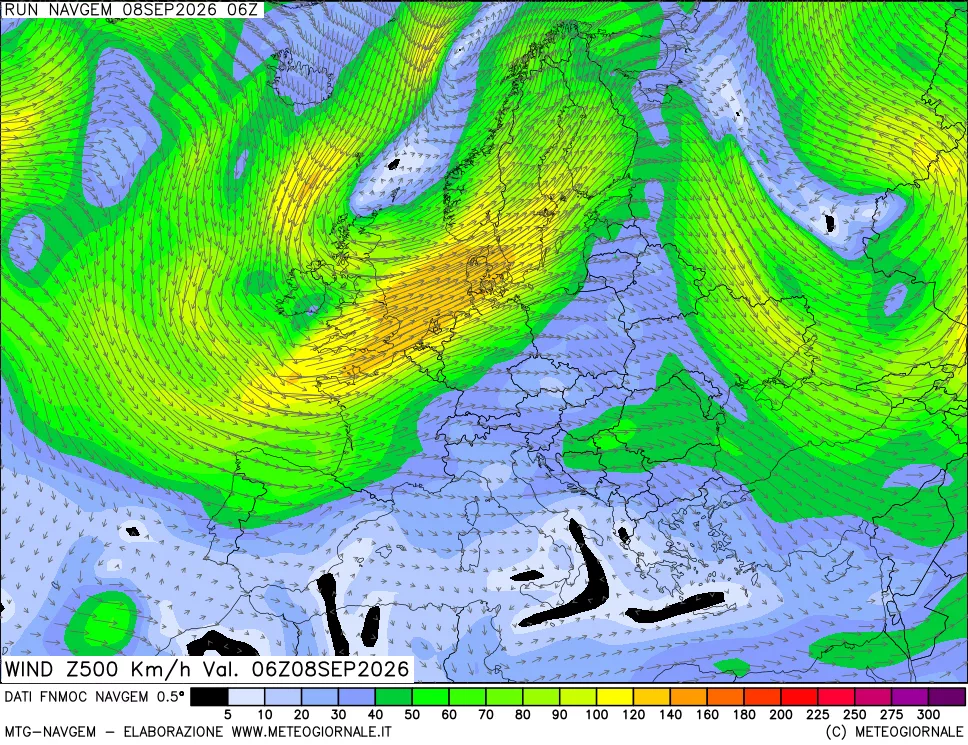 mappa Direzione e forza del vento a 500hPa