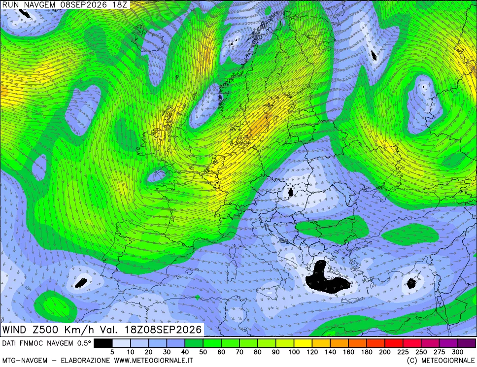 mappa Direzione e forza del vento a 500hPa