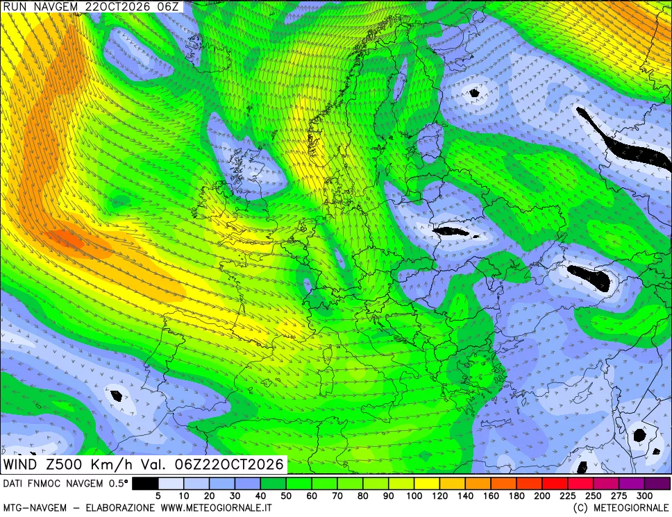 mappa Direzione e forza del vento a 500hPa