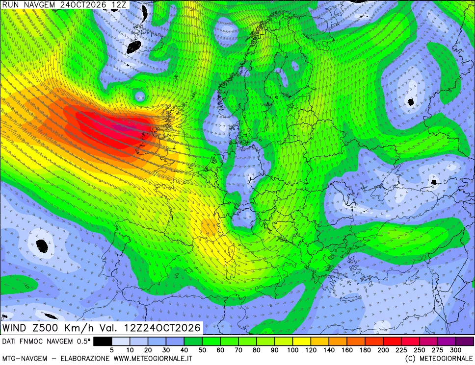 mappa Direzione e forza del vento a 500hPa
