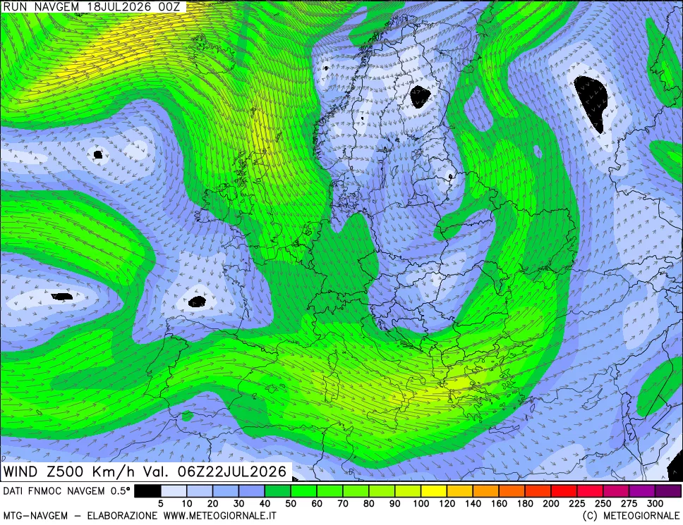 mappa Direzione e forza del vento a 500hPa
