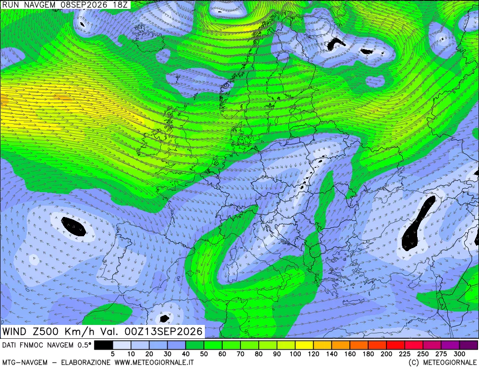 mappa Direzione e forza del vento a 500hPa
