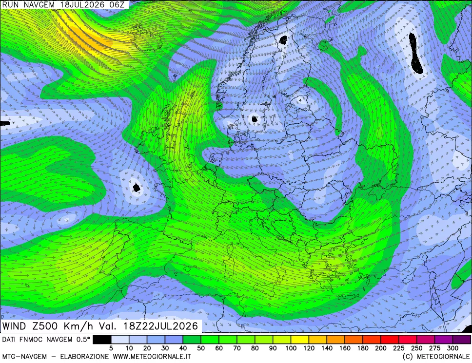 mappa Direzione e forza del vento a 500hPa