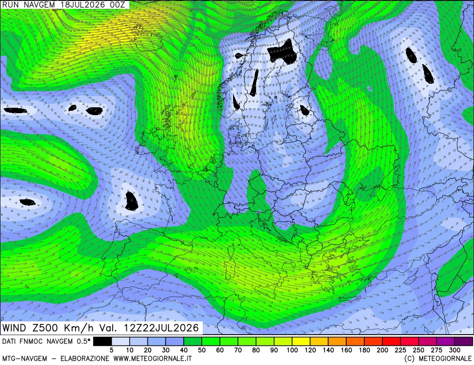 mappa Direzione e forza del vento a 500hPa