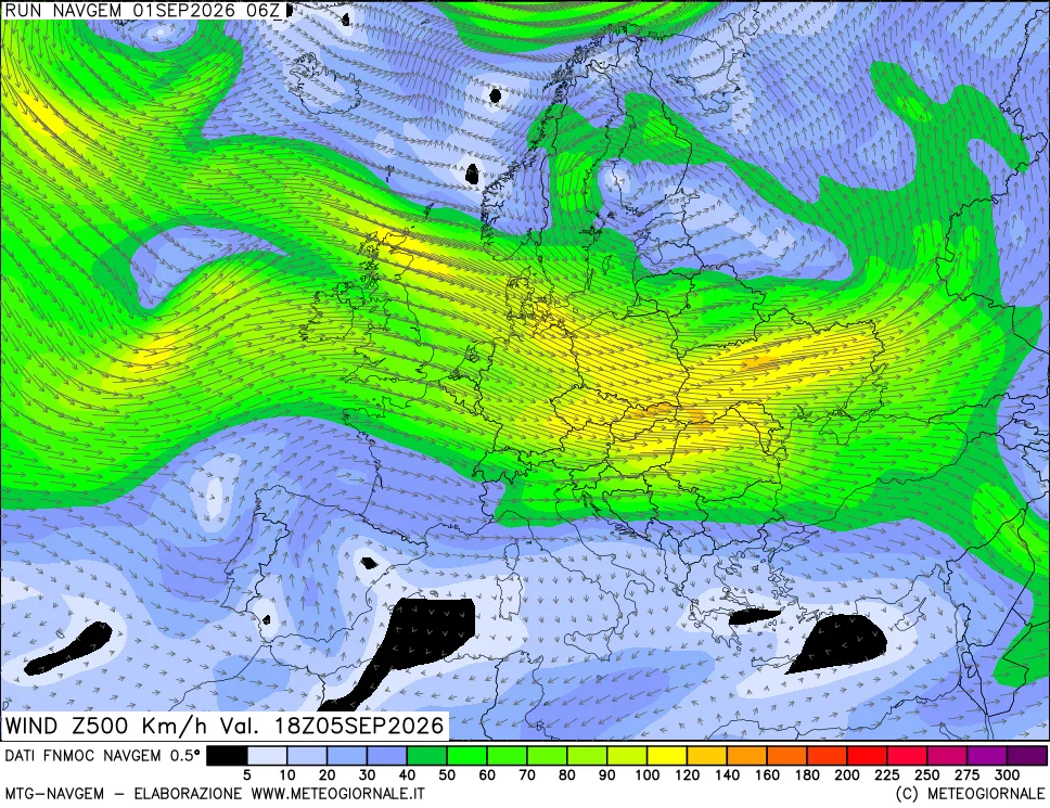 mappa Direzione e forza del vento a 500hPa