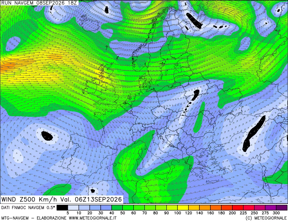 mappa Direzione e forza del vento a 500hPa
