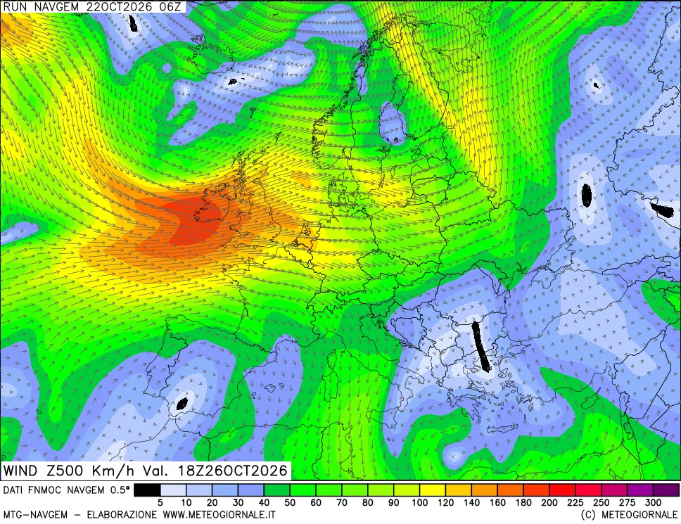 mappa Direzione e forza del vento a 500hPa