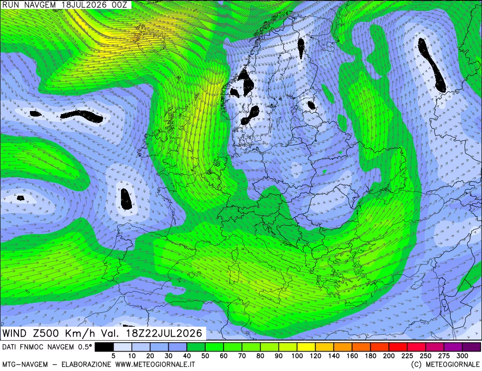 mappa Direzione e forza del vento a 500hPa