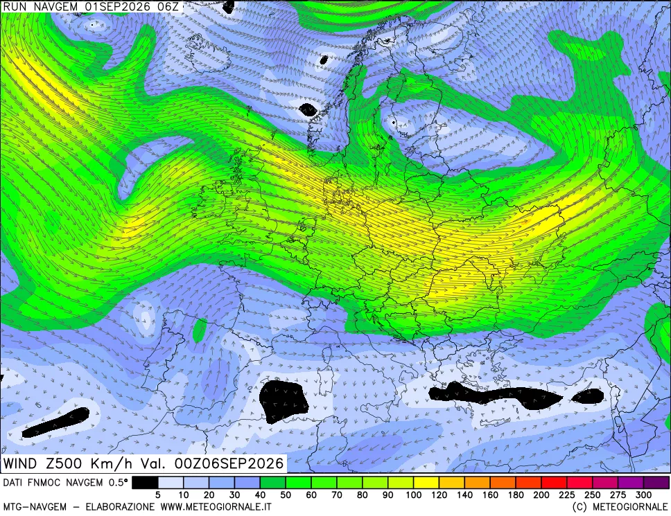 mappa Direzione e forza del vento a 500hPa