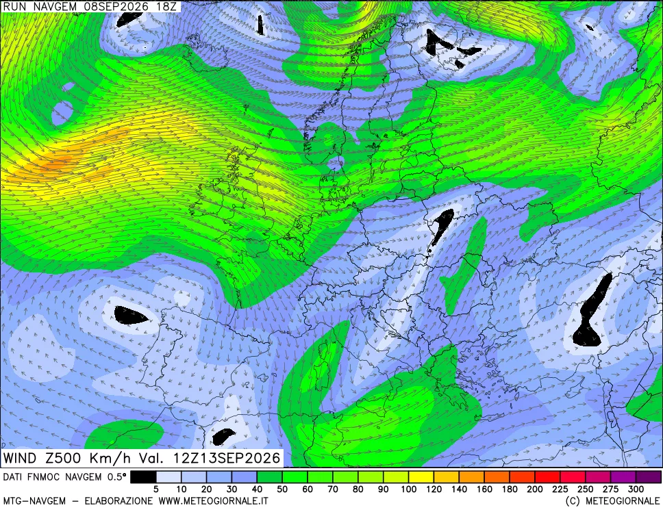 mappa Direzione e forza del vento a 500hPa