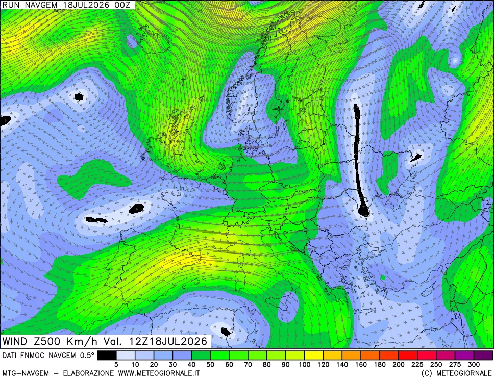 mappa Direzione e forza del vento a 500hPa