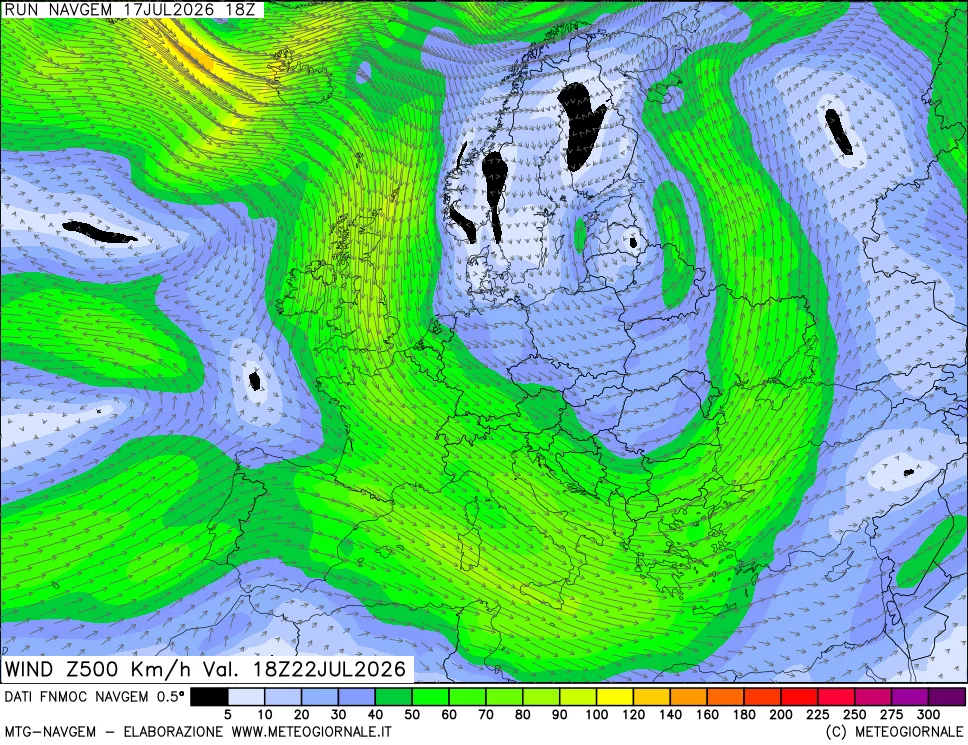mappa Direzione e forza del vento a 500hPa