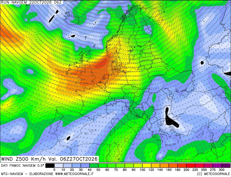 mappa Direzione e forza del vento a 500hPa
