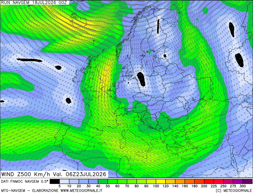 mappa Direzione e forza del vento a 500hPa