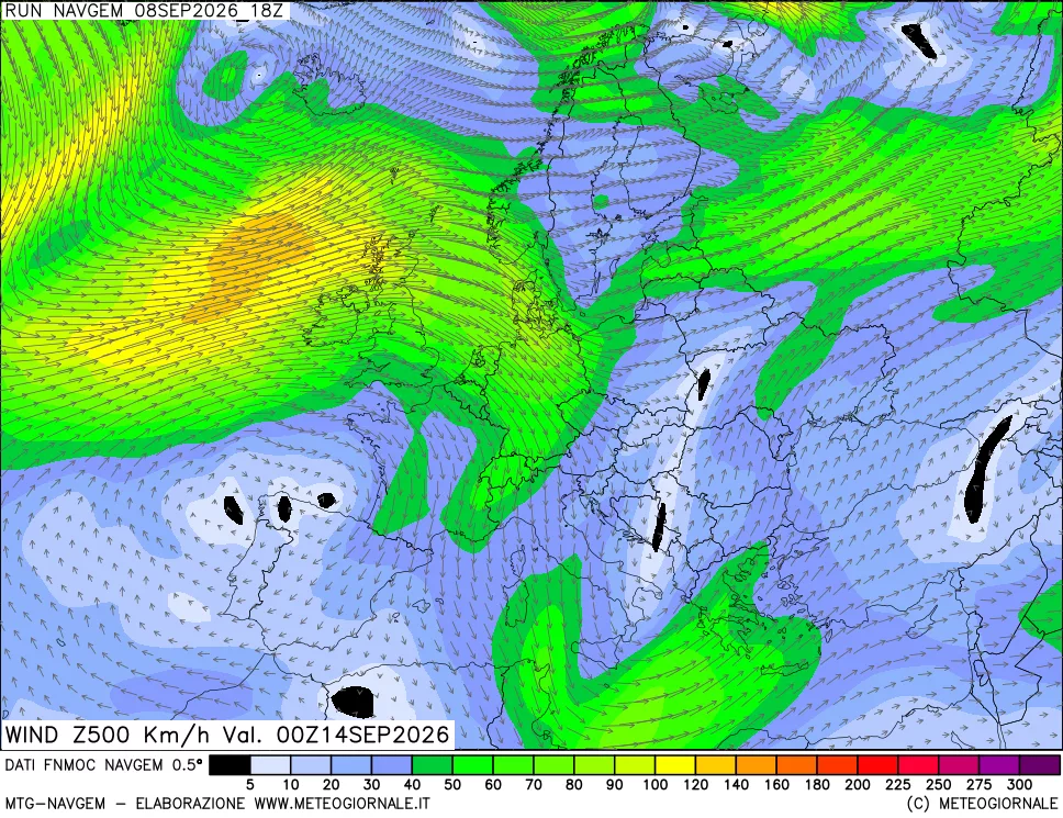mappa Direzione e forza del vento a 500hPa