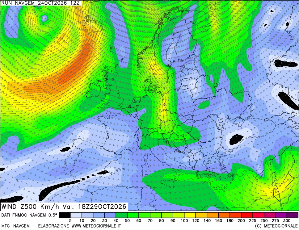 mappa Direzione e forza del vento a 500hPa