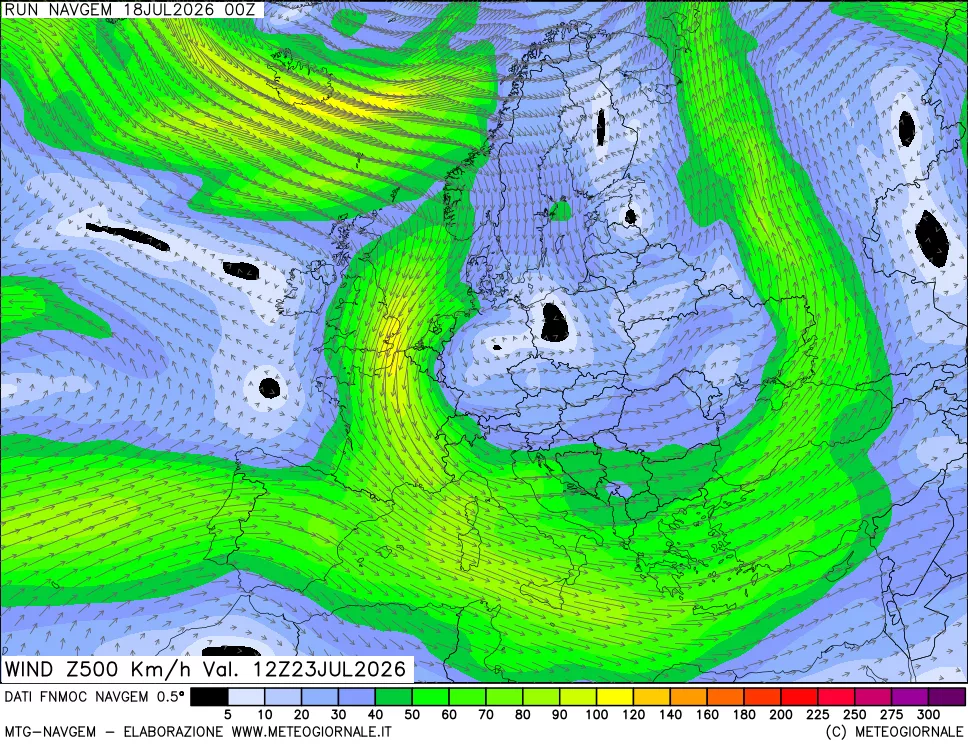 mappa Direzione e forza del vento a 500hPa