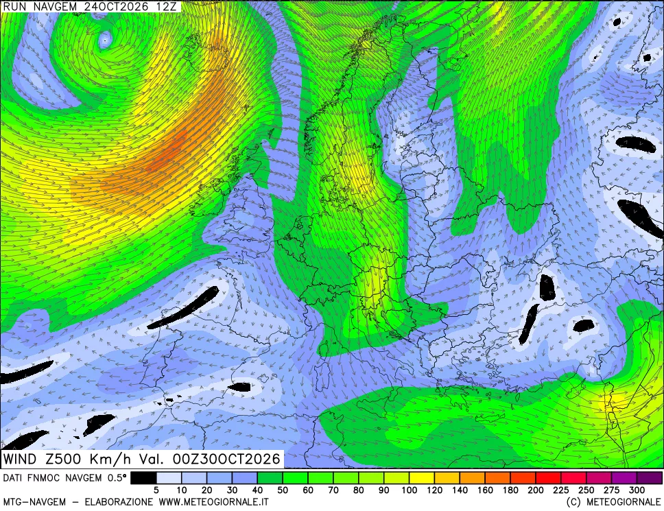 mappa Direzione e forza del vento a 500hPa