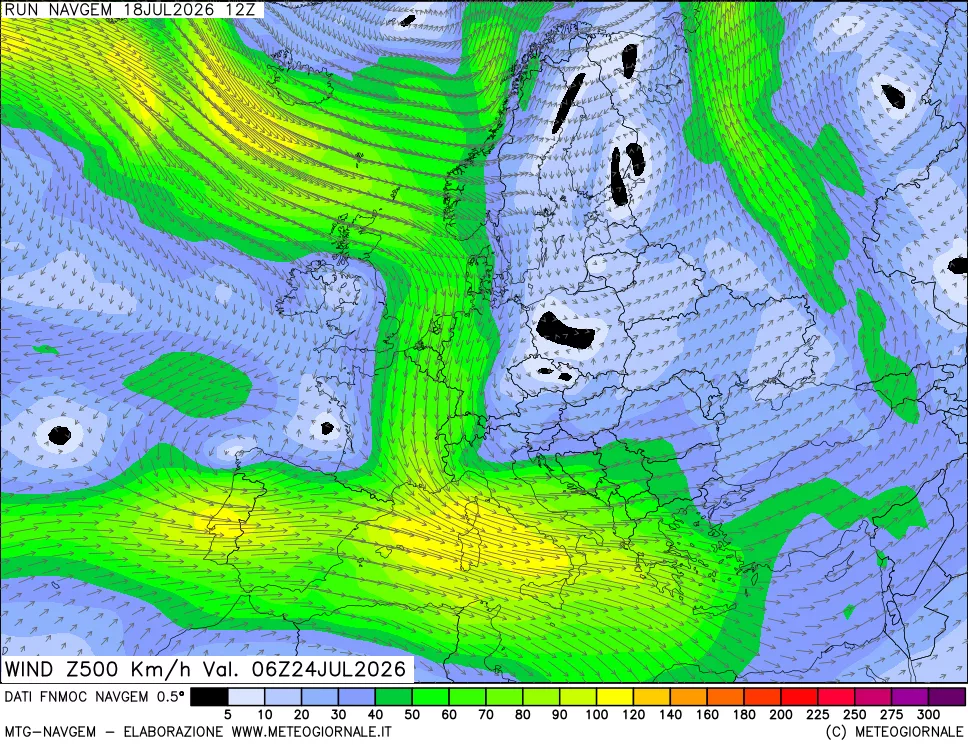mappa Direzione e forza del vento a 500hPa