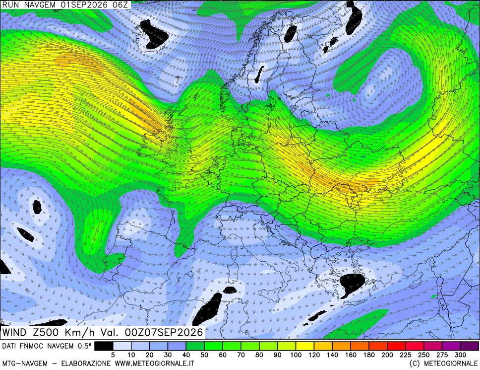 mappa Direzione e forza del vento a 500hPa