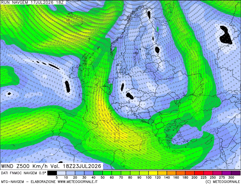 mappa Direzione e forza del vento a 500hPa